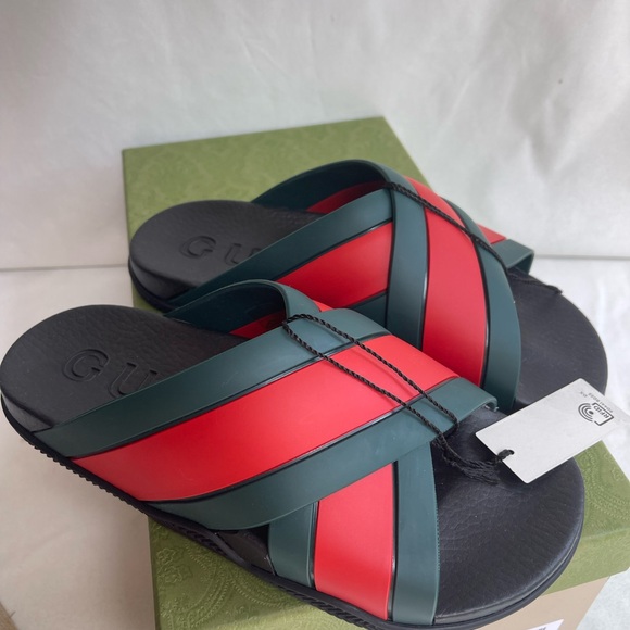 GUCCI Womens Green  Red Rubber 627820 Web Strap Slide Sandal Size 39 US 9 $450 - Picture 4 of 11
